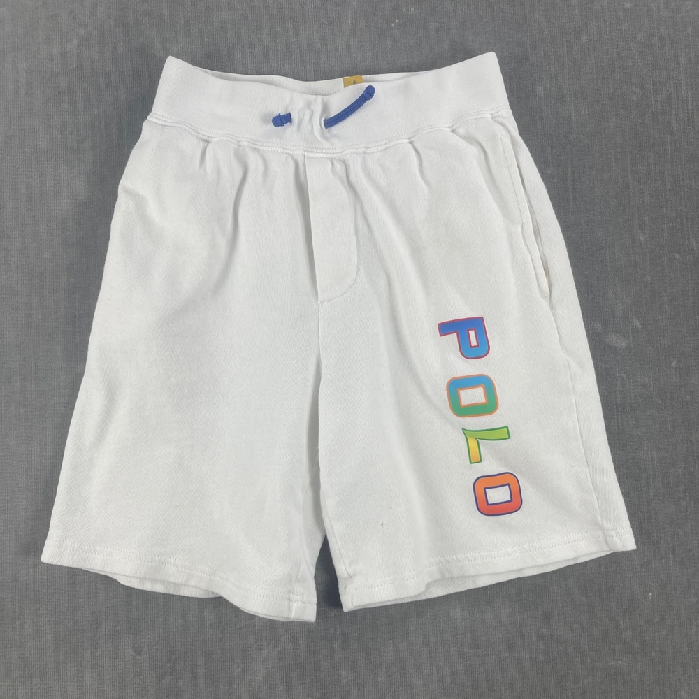 Polo Ralph Lauren Boys Size 8 White Fleece Shorts Multi-Color Logo Drawstring